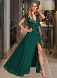 Kaylynn A-Line V-neck Floor-Length Bridesmaid Dress With Split Front STAP0012874