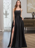 Nadine A-Line Square Neckline Floor-Length Satin Bridesmaid Dress With Split Front Pockets STAP0012879