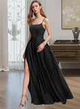 Nadine A-Line Square Neckline Floor-Length Satin Bridesmaid Dress With Split Front Pockets STAP0012879