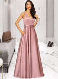 Patsy Ball-Gown/Princess V-neck Floor-Length Satin Bridesmaid Dress With Pockets STAP0012880