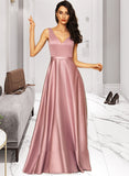 Patsy Ball-Gown/Princess V-neck Floor-Length Satin Bridesmaid Dress With Pockets STAP0012880