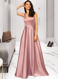 Patsy Ball-Gown/Princess V-neck Floor-Length Satin Bridesmaid Dress With Pockets STAP0012880