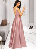 Patsy Ball-Gown/Princess V-neck Floor-Length Satin Bridesmaid Dress With Pockets STAP0012880