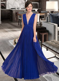 Kaylen A-Line V-neck Floor-Length Chiffon Bridesmaid Dress With Bow(s) Pleated STAP0012882