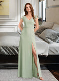 Anahi A-Line V-neck Floor-Length Bridesmaid Dress With Split Front STAP0012883