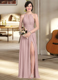 Leah A-Line Scoop Neck Floor-Length Chiffon Bridesmaid Dress With Ruffle Bow(s) Split Front STAP0012886