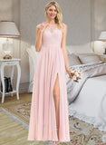 Phoebe A-Line Scoop Neck Floor-Length Chiffon Lace Bridesmaid Dress With Split Front STAP0012896