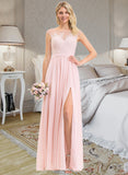 Phoebe A-Line Scoop Neck Floor-Length Chiffon Lace Bridesmaid Dress With Split Front STAP0012896