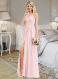 Phoebe A-Line Scoop Neck Floor-Length Chiffon Lace Bridesmaid Dress With Split Front STAP0012896