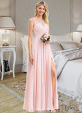 Phoebe A-Line Scoop Neck Floor-Length Chiffon Lace Bridesmaid Dress With Split Front STAP0012896