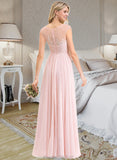 Phoebe A-Line Scoop Neck Floor-Length Chiffon Lace Bridesmaid Dress With Split Front STAP0012896