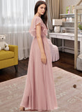 Nadia A-Line V-neck Floor-Length Chiffon Bridesmaid Dress With Split Front STAP0012903