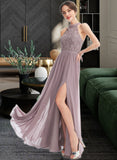 Glenda A-Line Halter Floor-Length Bridesmaid Dress With Split Front STAP0012907