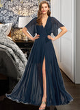 Nathalie A-Line V-neck Floor-Length Chiffon Bridesmaid Dress With Split Front STAP0012909