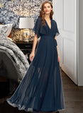 Nathalie A-Line V-neck Floor-Length Chiffon Bridesmaid Dress With Split Front STAP0012909