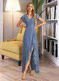 Minnie A-Line V-neck Asymmetrical Bridesmaid Dress With Ruffle Split Front STAP0012912