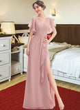 Madilynn A-Line V-neck Floor-Length Bridesmaid Dress With Ruffle Split Front STAP0012923