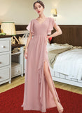 Madilynn A-Line V-neck Floor-Length Bridesmaid Dress With Ruffle Split Front STAP0012923