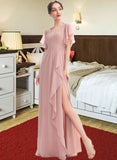 Madilynn A-Line V-neck Floor-Length Bridesmaid Dress With Ruffle Split Front STAP0012923