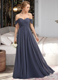 Ava A-line Off the Shoulder Floor-Length Chiffon Bridesmaid Dress With Ruffle STAP0012924