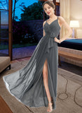 Saniyah A-Line V-neck Floor-Length Bridesmaid Dress With Ruffle Beading Split Front STAP0012926