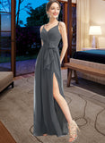 Saniyah A-Line V-neck Floor-Length Bridesmaid Dress With Ruffle Beading Split Front STAP0012926