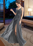 Saniyah A-Line V-neck Floor-Length Bridesmaid Dress With Ruffle Beading Split Front STAP0012926