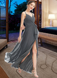 Saniyah A-Line V-neck Floor-Length Bridesmaid Dress With Ruffle Beading Split Front STAP0012926