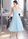 Helena A-line V-Neck Tea-Length Chiffon Bridesmaid Dress With Pleated STAP0012930