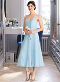 Helena A-line V-Neck Tea-Length Chiffon Bridesmaid Dress With Pleated STAP0012930