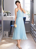 Helena A-line V-Neck Tea-Length Chiffon Bridesmaid Dress With Pleated STAP0012930