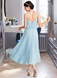 Helena A-line V-Neck Tea-Length Chiffon Bridesmaid Dress With Pleated STAP0012930