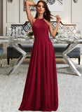 Hazel A-Line Scoop Neck Floor-Length Chiffon Bridesmaid Dress With Lace STAP0012931