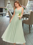 Evie A-Line V-neck Floor-Length Chiffon Bridesmaid Dress With Ruffle Split Front STAP0012933