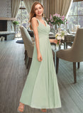 Evie A-Line V-neck Floor-Length Chiffon Bridesmaid Dress With Ruffle Split Front STAP0012933