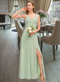 Evie A-Line V-neck Floor-Length Chiffon Bridesmaid Dress With Ruffle Split Front STAP0012933