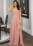 Valeria A-Line V-neck Floor-Length Chiffon Bridesmaid Dress With Ruffle Split Front STAP0012936