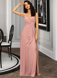 Valeria A-Line V-neck Floor-Length Chiffon Bridesmaid Dress With Ruffle Split Front STAP0012936