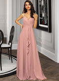 Valeria A-Line V-neck Floor-Length Chiffon Bridesmaid Dress With Ruffle Split Front STAP0012936