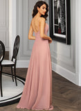 Valeria A-Line V-neck Floor-Length Chiffon Bridesmaid Dress With Ruffle Split Front STAP0012936