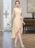 Adeline A-Line One-Shoulder Asymmetrical Chiffon Bridesmaid Dress With Ruffle Bow(s) Cascading Ruffles STAP0012937