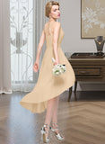 Adeline A-Line One-Shoulder Asymmetrical Chiffon Bridesmaid Dress With Ruffle Bow(s) Cascading Ruffles STAP0012937