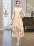 Adeline A-Line One-Shoulder Asymmetrical Chiffon Bridesmaid Dress With Ruffle Bow(s) Cascading Ruffles STAP0012937