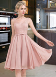 Pru A-Line V-neck Knee-Length Chiffon Lace Bridesmaid Dress With Bow(s) STAP0012939