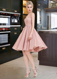 Pru A-Line V-neck Knee-Length Chiffon Lace Bridesmaid Dress With Bow(s) STAP0012939