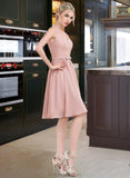 Pru A-Line V-neck Knee-Length Chiffon Lace Bridesmaid Dress With Bow(s) STAP0012939