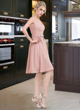 Pru A-Line V-neck Knee-Length Chiffon Lace Bridesmaid Dress With Bow(s) STAP0012939