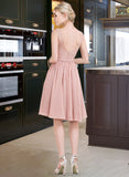 Pru A-Line V-neck Knee-Length Chiffon Lace Bridesmaid Dress With Bow(s) STAP0012939