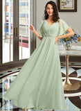 Michaelia A-Line V-neck Floor-Length Bridesmaid Dress With Ruffle STAP0012940