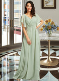 Michaelia A-Line V-neck Floor-Length Bridesmaid Dress With Ruffle STAP0012940